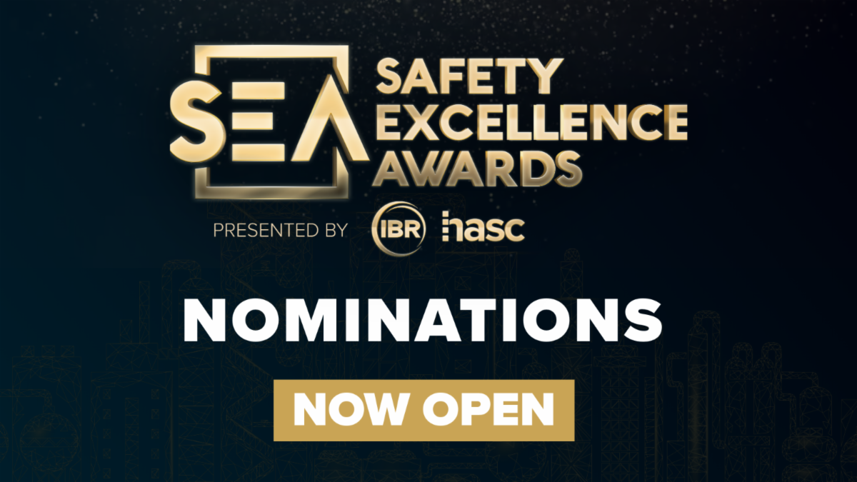 Safety Excellence Awards Nominations Now Open graphic featuring the SEA logo with 'presented by IBR and hasc' on a dark background.